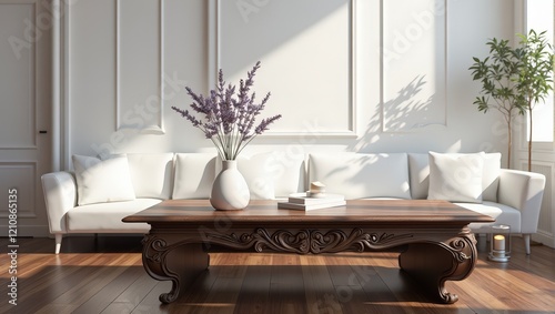 A cozy indoor scene features a rich brown wooden coffee table atop a matching wood floor, flanked by a crisp white couch and adorned with a delicate white vase holding fragrant lavender blooms photo