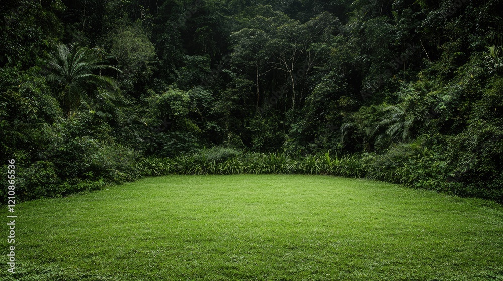 Obraz premium Lush green clearing in rainforest; background foliage, nature scene, website banner