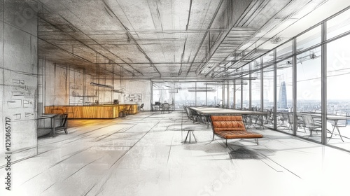 Sketch of creative coworking office interior with bright city view and concrete flooring. Design, repairs, refurbishment and workplace style concept. 3D Rendering