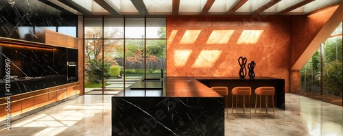 A sleek kitchen design in 3D featuring jet black marble countertops and cinnamon wood accents photo