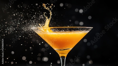 Splashing orange cocktail in a martini glass with dramatic lighting.