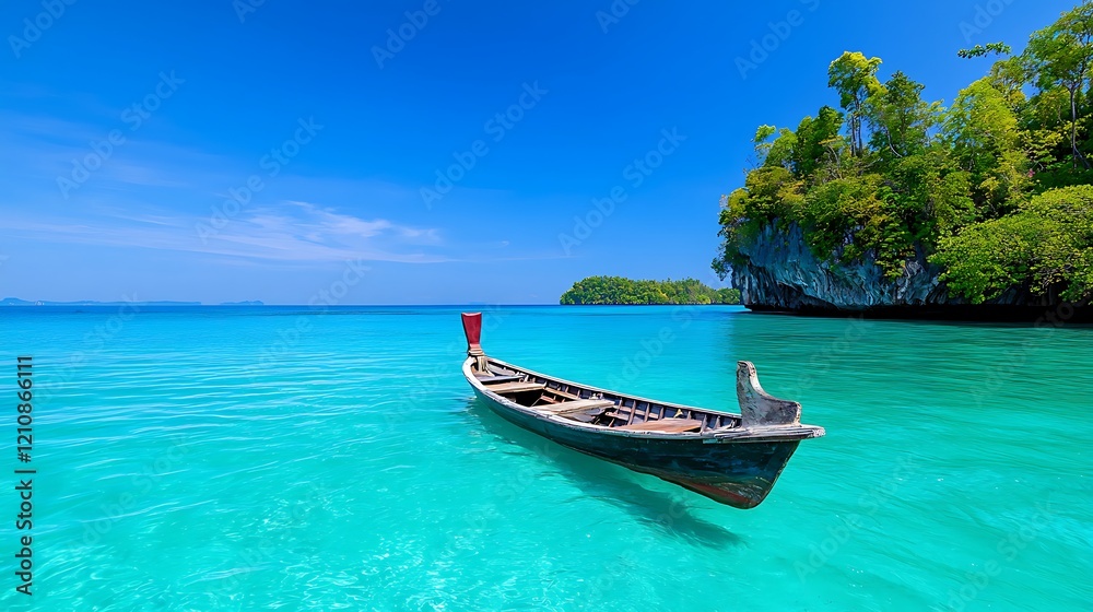 Serene Tropical Island Boat in Clear Turquoise Water Serene Tropical Island Boat in Clear Turquoise Water