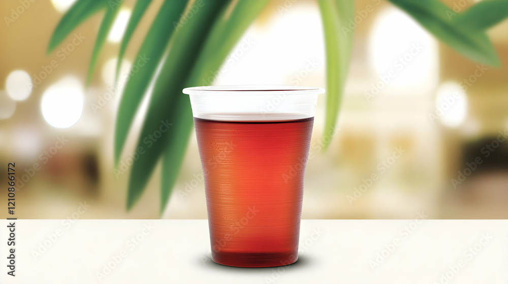 Clear plastic cup filled with dark reddish-brown liquid, on a white surface, blurred tropical background. Clear plastic cup filled with dark reddish-brown liquid, on a white surface, blurred tropical background.