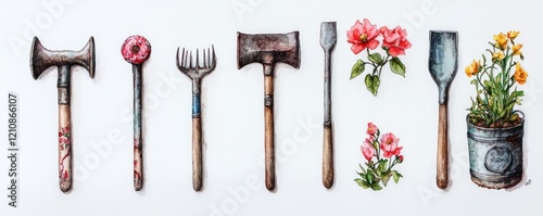 Set watercolor drawings old-fashioned garden tools with floral designs, perfect for a gardenera??s art collection. photo