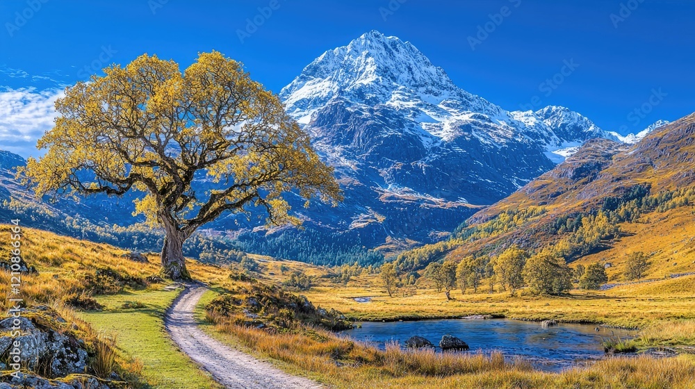 Naklejka premium Autumnal valley path, snow-capped peak, golden leaves