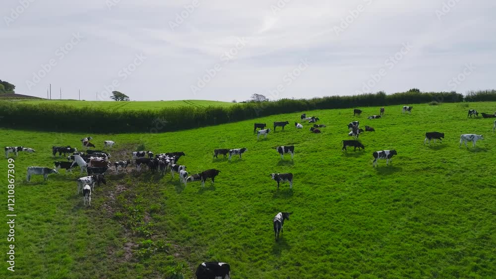 Bulls and Cows on the pasture from a drone, Devon Farms, England Bulls and Cows on the pasture from a drone, Devon Farms, England