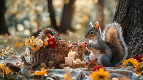 A romantic squirrel picnic with baskets, flowers and candles in the warm sunlight of the forest.