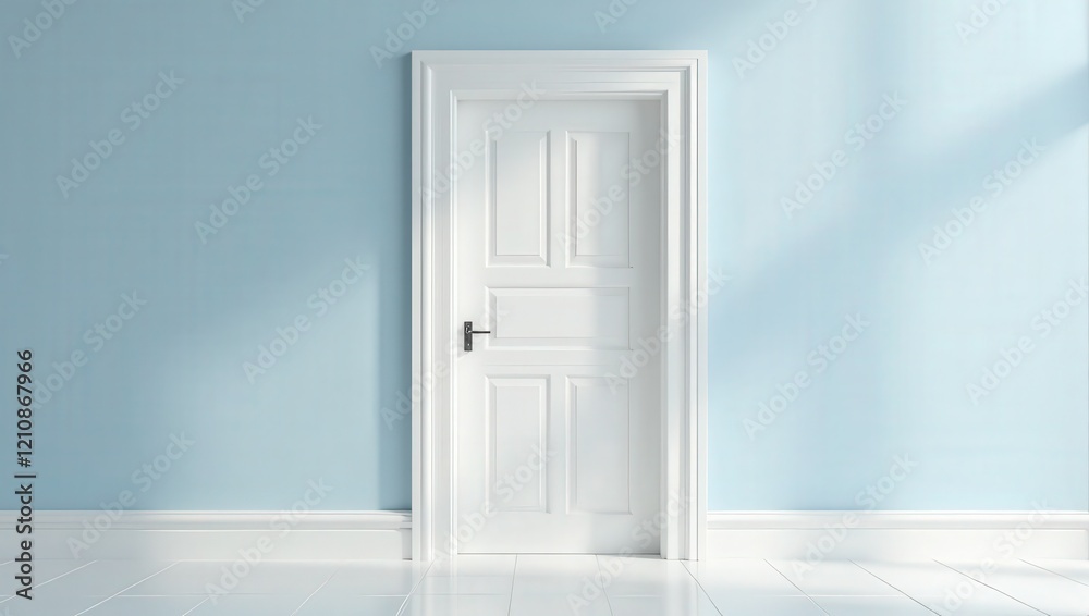 A pristine white door with a sleek black handle rests against a serene light blue backdrop, framed by elegant white tile flooring, inviting allure from every angle A pristine white door with a sleek black handle rests against a serene light blue backdrop, framed by elegant white tile flooring, inviting allure from every angle