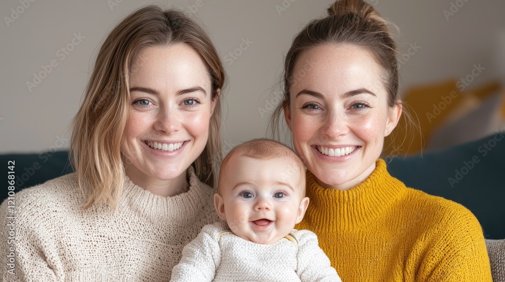 Happy lesbian couple with baby, home interior. Family portrait for LGBTQ+ websites Happy lesbian couple with baby, home interior. Family portrait for LGBTQ+ websites