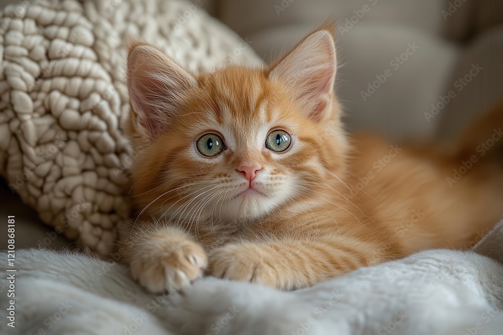 Fototapeta premium curious orange tabby kitten with emerald eyes lounging on plush velvet sofa soft window light shallow depth of field professional pet photography