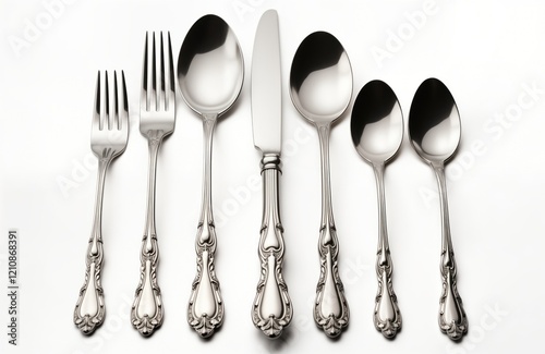 Classic silverware set isolated on white background. Elegant fork knife, spoon show beautiful vintage style. Utensils perfect for formal dinner table setting high-end restaurant. Luxurious tableware