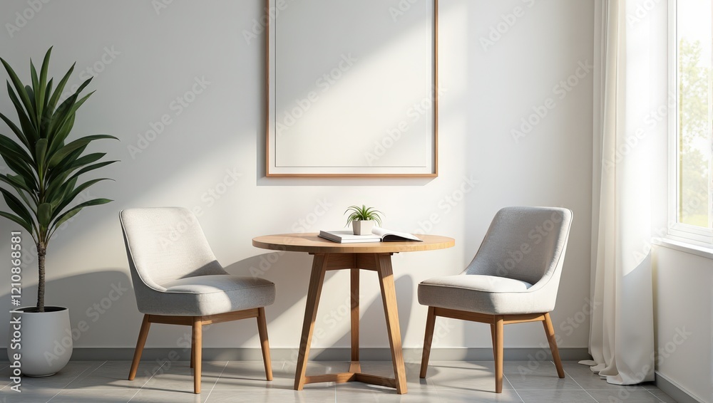A cozy setting features a round wooden table against a pristine white backdrop, flanked by chic gray fabric chairs. A touch of greenery crowns an open book atop the table, inviting tranquility and war A cozy setting features a round wooden table against a pristine white backdrop, flanked by chic gray fabric chairs. A touch of greenery crowns an open book atop the table, inviting tranquility and war