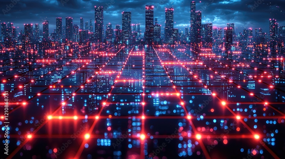 Obraz premium Futuristic Holographic Neon Grid with Vibrant 80s Style and Glowing Rainbow Light Effects