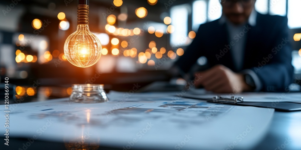 Fototapeta premium Bright ideas illuminate the workspace as a professional reviews designs during evening hours
