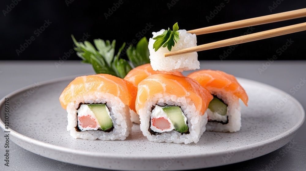 Delicious salmon sushi being lifted with chopsticks. Food photography for restaurant menu