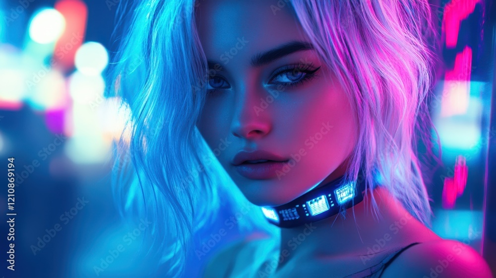 Fototapeta premium A cyberpunk woman with glowing accessories in a neon-lit urban environment.
