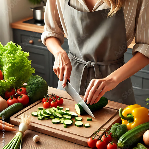 Sharp knife cuts vegetables on a white background. knife cuts red tomato, cucumber, slice onion. a knife in flight cuts food. Cooking in restaurant. Healthy eating. Safe food healthy vegan diet cookin photo