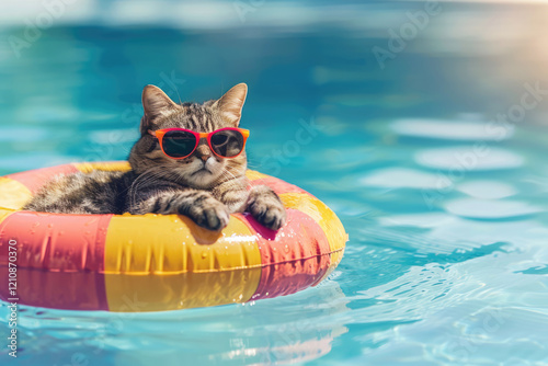 Tabby domestic cat in pink sunglasses swimming in the pool on yellow-pink swim tube. Summertime holidays with pets, vacation, relaxion, spa, resort.