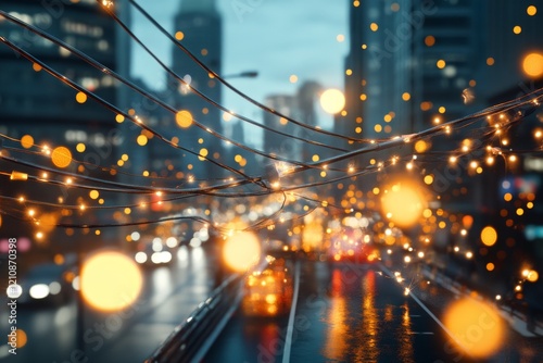 City streets illuminated by festive lights during twilight with blurred vehicles in motion photo