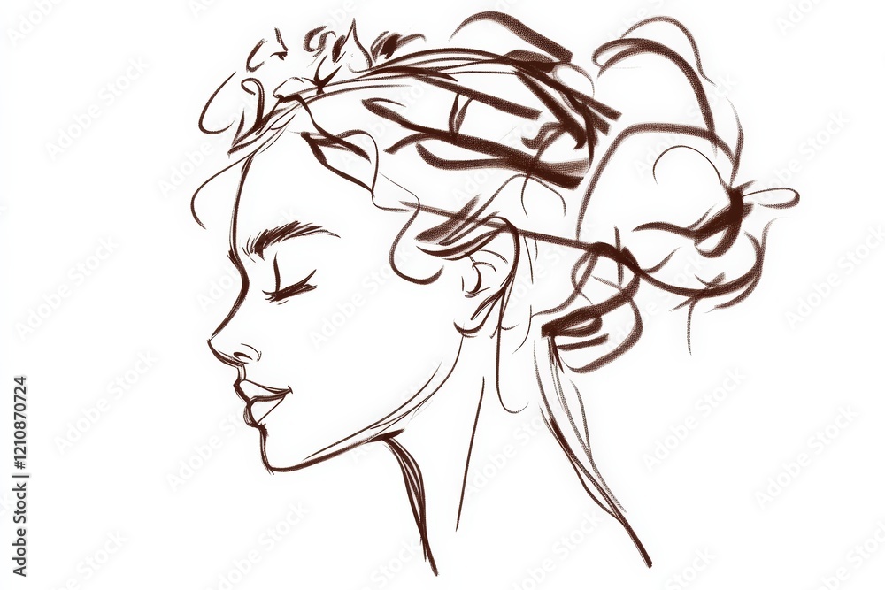 This artwork features a minimalist sketch of a woman's profile, complemented by a delicate floral crown. It embodies themes of femininity and empowerment, perfect for International Women's Day This artwork features a minimalist sketch of a woman's profile, complemented by a delicate floral crown. It embodies themes of femininity and empowerment, perfect for International Women's Day