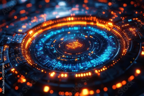 Wallpaper Mural cybernetic shield interface with holographic quantum encryption pulsing with neon blue circuits and floating binary streams against dark digital void Torontodigital.ca