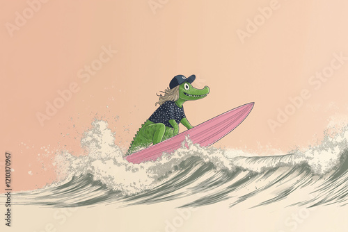 Cartoon Alligator on a Pink Surfboard Riding a Wave at Sunset Beach