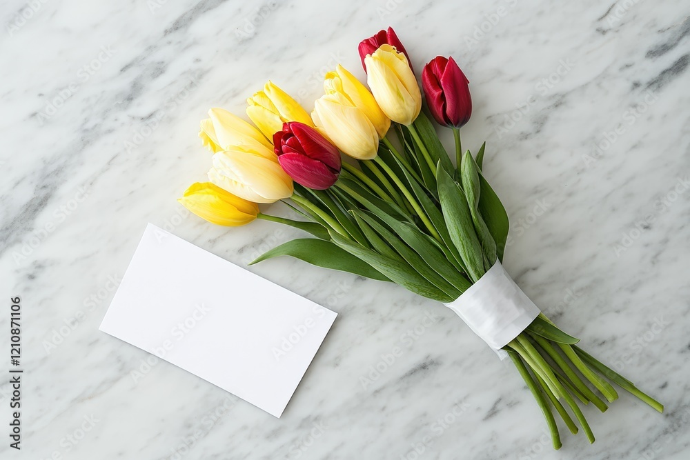 A beautifully arranged bouquet of yellow and red tulips rests on a polished marble surface. Beside the flowers is a small card, perfect for honoring women on March 8, International Women's Day A beautifully arranged bouquet of yellow and red tulips rests on a polished marble surface. Beside the flowers is a small card, perfect for honoring women on March 8, International Women's Day