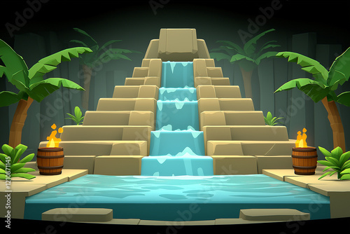 3D Illustration of a Waterfall Cascading from Stone Steps Surrounded by Lush Palm Trees and Barrels