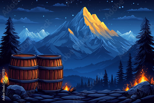 Scenic Mountain Landscape with Barrels at Night Under Starry Sky