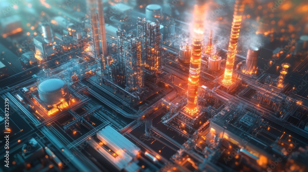 Glowing pipelines and structures crisscross a futuristic industrial complex, processing materials at night, with smoking chimneys releasing illuminated fumes into the dark sky Glowing pipelines and structures crisscross a futuristic industrial complex, processing materials at night, with smoking chimneys releasing illuminated fumes into the dark sky