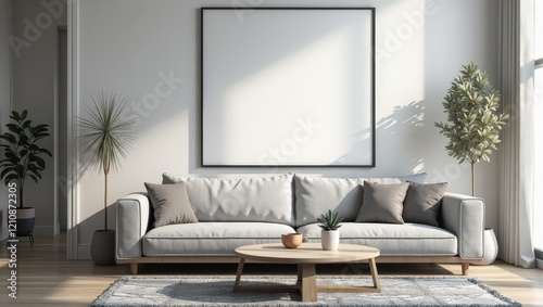 Elegant light gray couch rests on horizontal, light brown wooden planks, accompanied by an elegant wooden table in front, inviting comfort and style photo