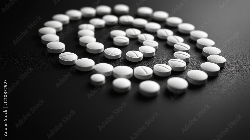 Spiral Arrangement of White Tablets on Matte Black Surface Spiral Arrangement of White Tablets on Matte Black Surface