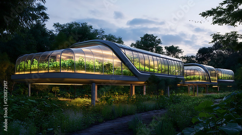 Futuristic greenhouse with glowing plants and elevated glass houses. photo