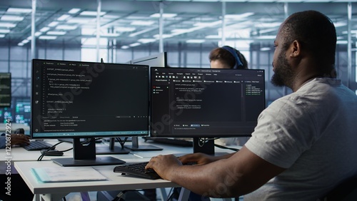 Admin in server hub tasked with protecting valuable data against hacking attack on computers. African american worker safeguarding data center against unauthorized access and vulnerabilities, camera B