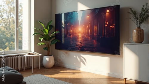 Eye-level close-up of a sleek TV against a pristine white wall, corner-mounted and vividly showcasing a lively, well-lit urban street scene flanked by elegant buildings photo