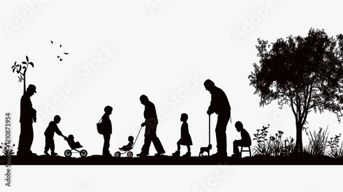Silhouettes show human growth from baby to elderly, transitioning smoothly on a clean white background, symbolizing life's journey.