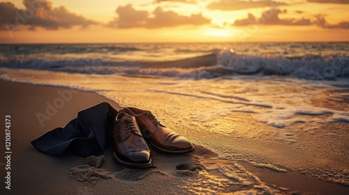 Dress shoes abandoned on a sandy beach during a serene sunrise.
