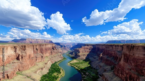 River flowing through canyon under blue sky with clouds; travel, nature