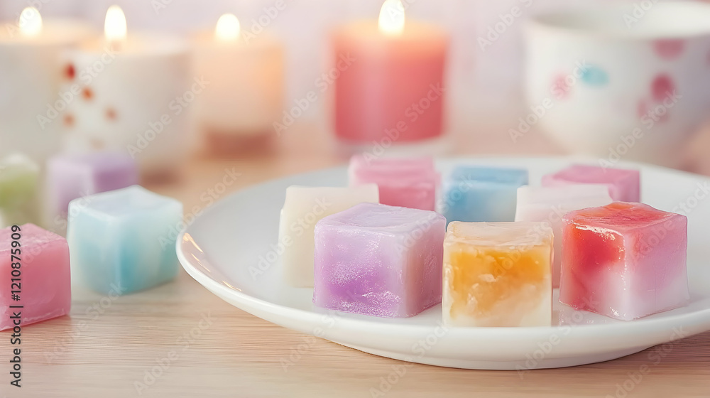 Colorful, square-shaped candles on a white plate with a blurred background of lit candles and a teacup. Colorful, square-shaped candles on a white plate with a blurred background of lit candles and a teacup.