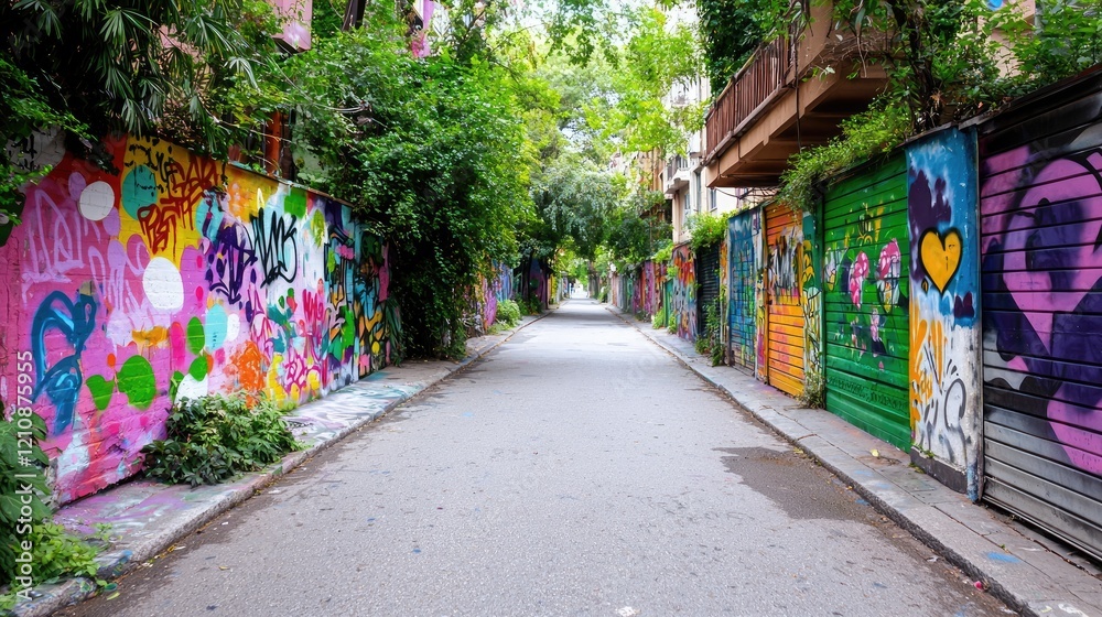 Naklejka premium Colorful Graffiti Alleyway, Urban Street Art, Cityscape, Background Lush Greenery, Stock Photo