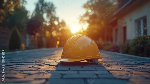 Sunset construction helmet on paving stones, residential neighborhood photo