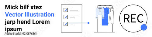 Task checklist with blue checks, clothes on hanger in wardrobe, recording icon with blue dot. Ideal for productivity, organization, fashion, recording, efficiency to-do lists minimalism. Landing photo