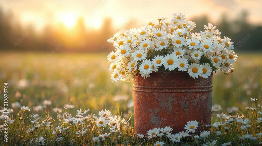 Sunset daisies in rustic bucket, field background Sunset daisies in rustic bucket, field background