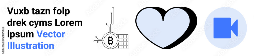 Cryptocurrency symbol on a circuit, heart icon, and blue video camera symbol. Ideal for finance, technology, healthcare, communication, digital media, blockchain, and marketing themes. Landing page Cryptocurrency symbol on a circuit, heart icon, and blue video camera symbol. Ideal for finance, technology, healthcare, communication, digital media, blockchain, and marketing themes. Landing page