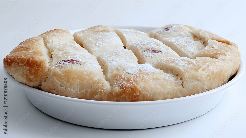Delicious golden-brown pastry dessert in a white dish, dusted with powdered sugar, cut into slices. Delicious golden-brown pastry dessert in a white dish, dusted with powdered sugar, cut into slices.