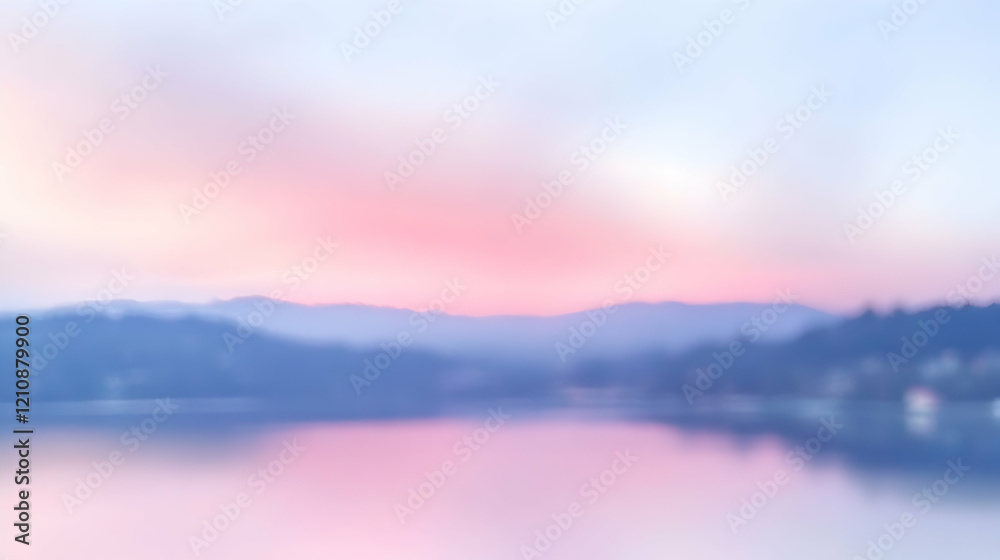 Obraz premium Dreamy pastel sunrise over calm lake and mountains, soft focus.