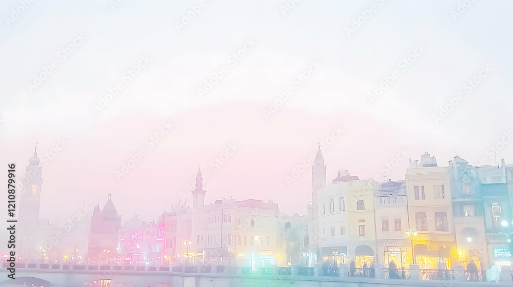 Obraz premium Dreamy pastel cityscape at twilight, soft focus, blurred buildings and lights.