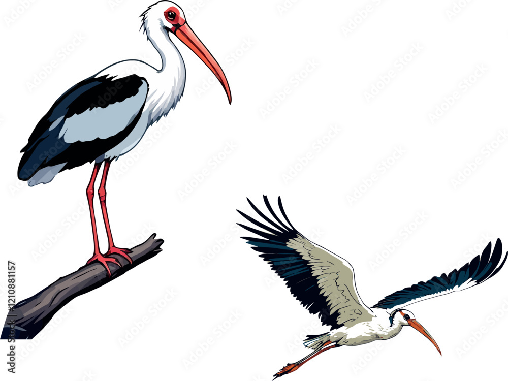 Naklejka premium Majestic stork perched on branch and soaring through sky