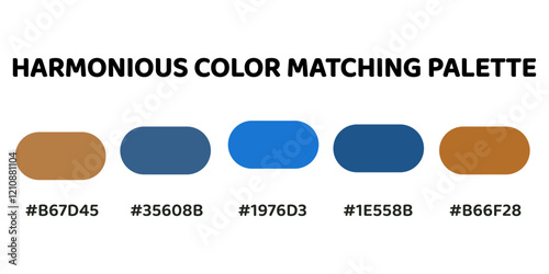 Harmonious color palette with five colors. This palette combines warm and cool tones, balanced and visually appealing aesthetic. Copper, Steel Blue, Cerulean, Cobalt Blue, Copper. 61.