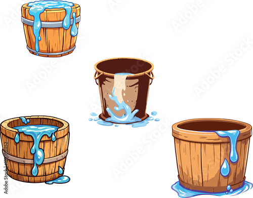 Four buckets overflowing with water, a metal bucket and three wooden buckets